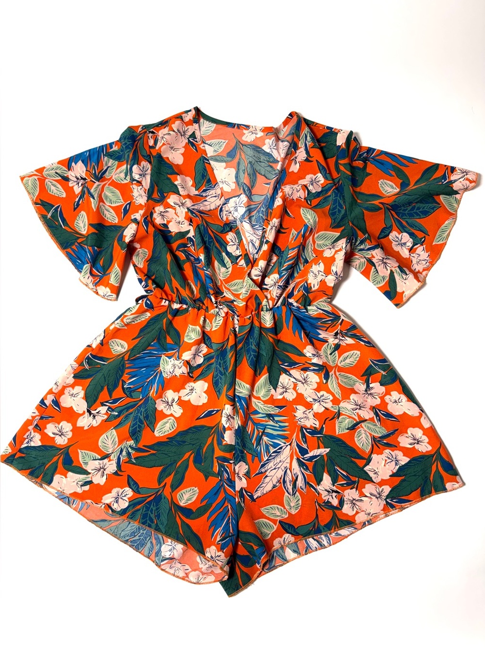 Floral Romper Medium Orange Tropical Print with Flutter Sleeve Wrap Style